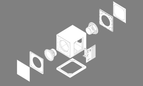 Drawing of exploded view of subwoofer with all parts