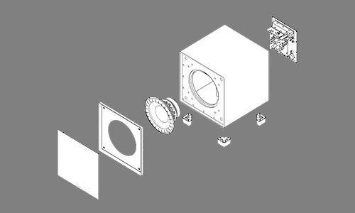 Drawing of exploded view of subwoofer with all parts