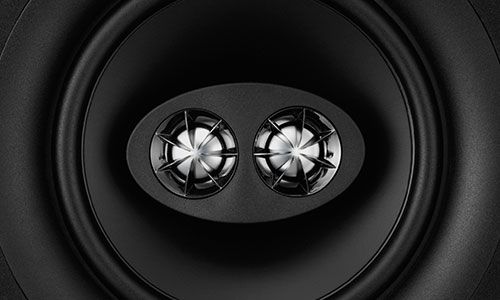 Zoomed-in view of speaker tweeters and woofers