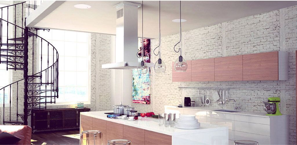 Modern kitchen with in-ceilling speakers