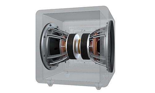 3D computer rendering of inside of subwoofer showing drivers