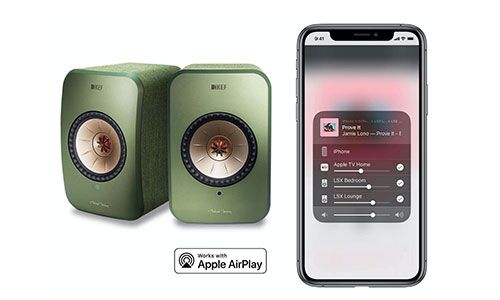 KEF LSX speakers next to iPhone displaying the app