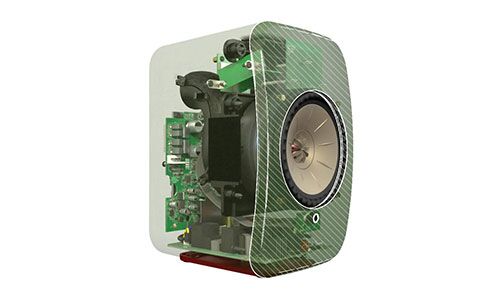 KEF LSX speaker 3D computer rendering with view of all interior parts