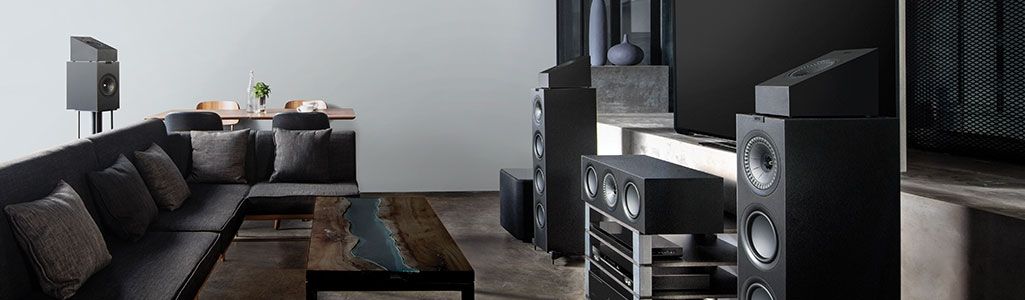 KEF Q series speakers standing in multimedia room