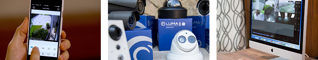 Banner image showing smartphone with Luma app, group of Luma cameras, and a monitor showing camera views