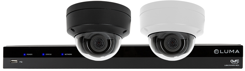 Luma white and gray dome cameras in front of Luma NVR