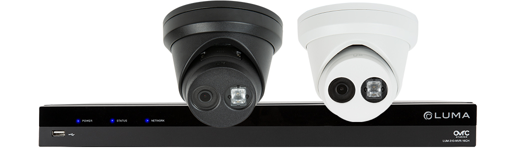 Luma white and black turret cameras in front of Luma NVR