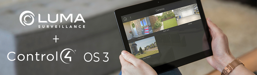 person holding tablet showing various camera views with Luma and Control4 OS3 logos