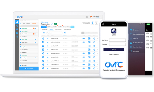 OvrC app showing on tablet, LumaLink login showing on smartphone
