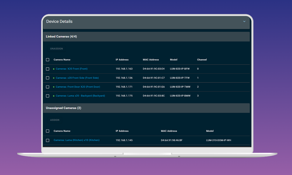 Image screenshot of Luma Bridge camera dashboard