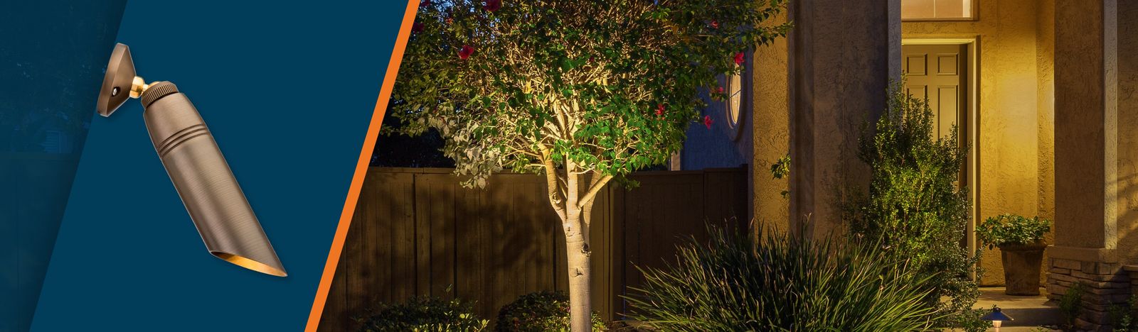 Split shot of down light with lighting up front yard of house