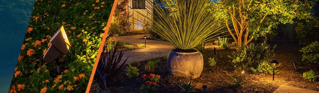 Split shot of wall wash light with landscape scene lit up