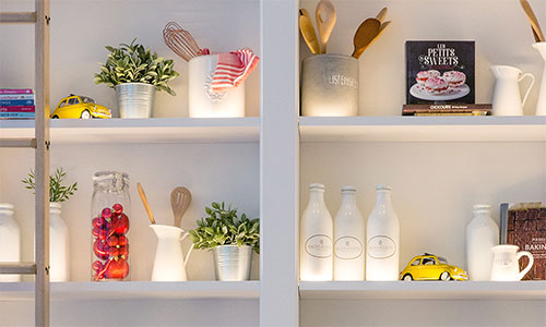 Shelves lit with under lighting